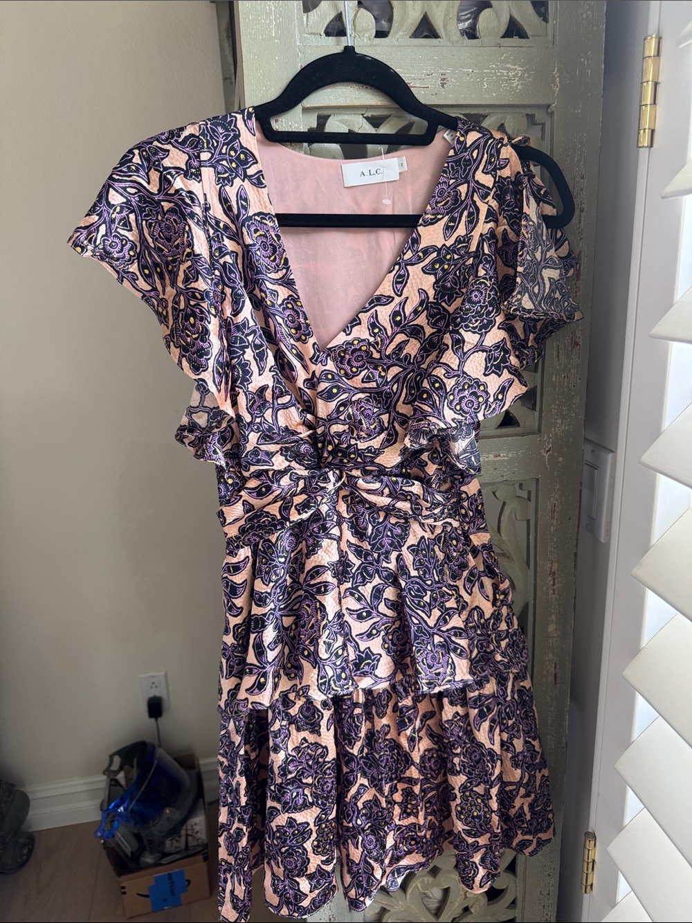 A.L.C. Pink and Purple Floral Tiered V-Neck Dress